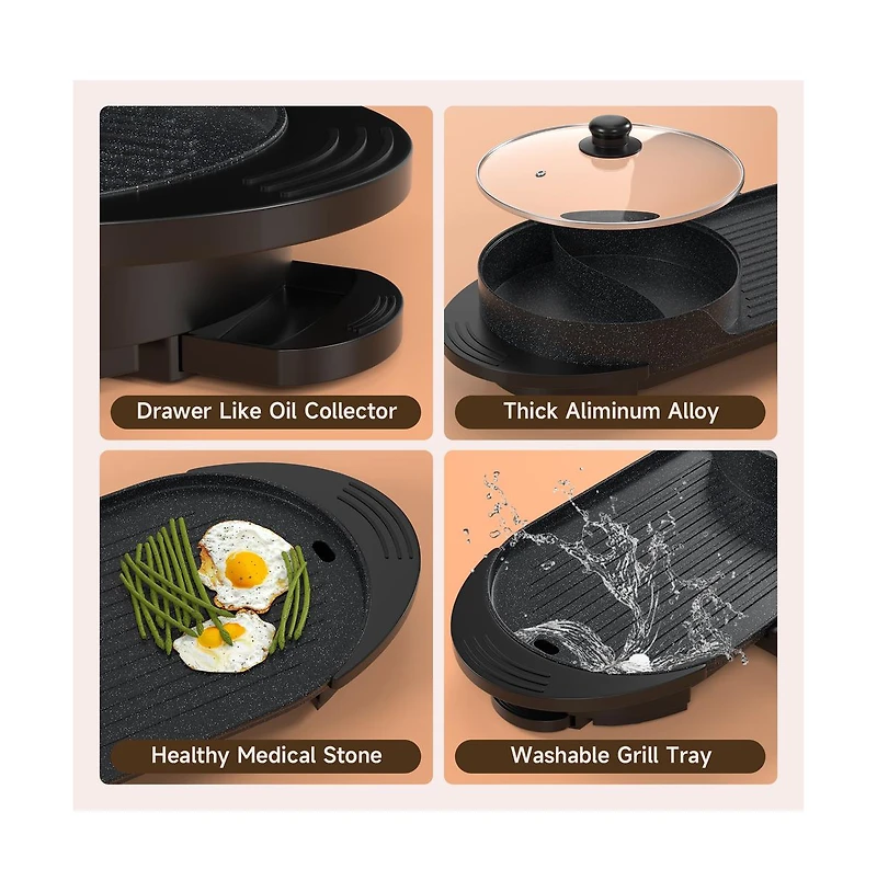 Artudatech Portable 2-in-1 Electric Hot Pot and Bbq Grill - Non-Stick Teppanyaki Pan