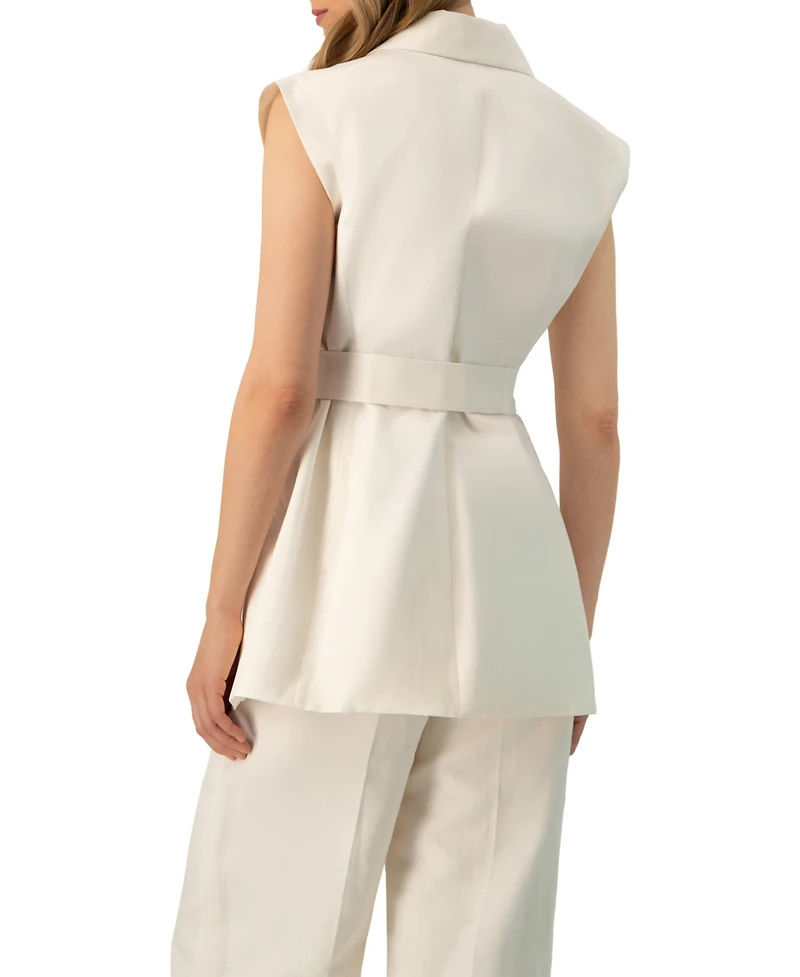 Ivonne Women's Single-Breasted Linen Vest with Waist Tie