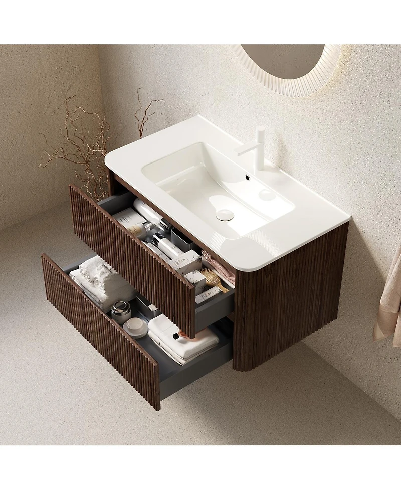 Sillysis 36 Inch Wall Mounted Bathroom Vanity with Integrated Ceramic Sink, Double Drawer Storage, Modern Floating Plywood Cabinet