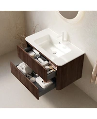 Sillysis 36 Inch Wall Mounted Bathroom Vanity with Integrated Ceramic Sink, Double Drawer Storage, Modern Floating Plywood Cabinet