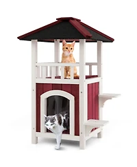 Cozito Cat House 2-Story Wooden with Asphalt Roof and Balcony
