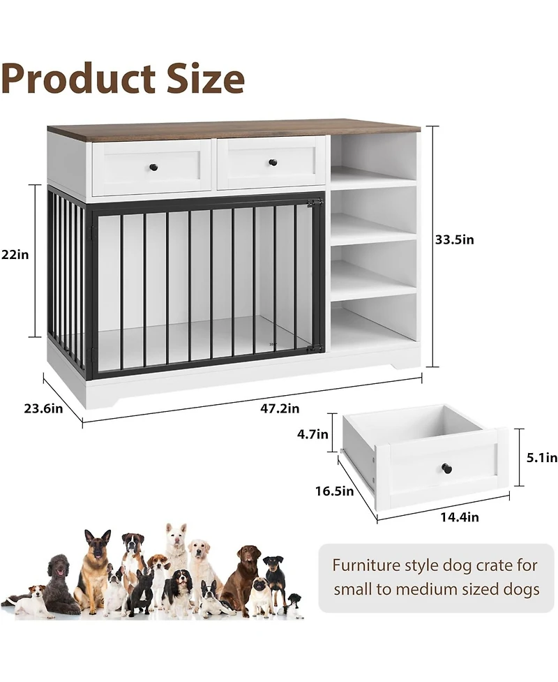 gaomon Dog Crate Furniture 47", Large Tv Stand with 2 Drawers and 4 Shelves, Wooden Kennel Indoor, Decorative Cage