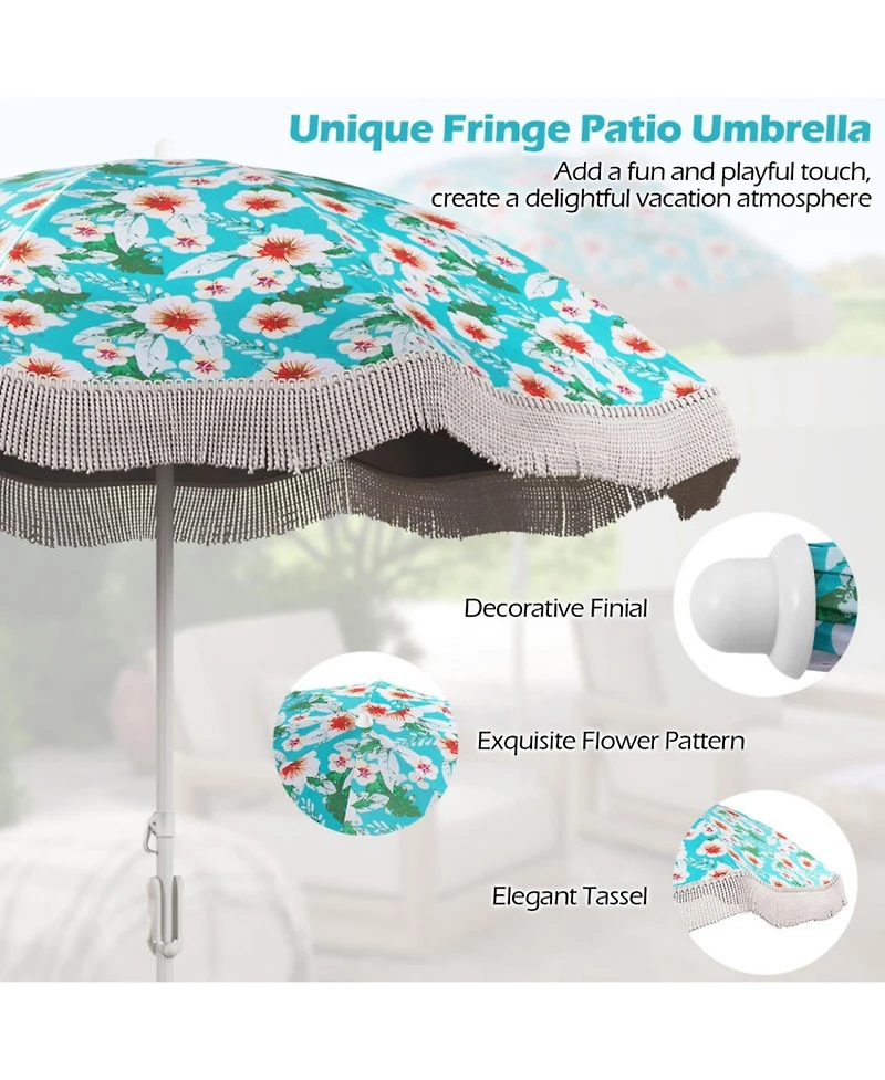 Gouun 6.5 ft Fringed Beach Umbrella with Upf 50+ Protection Push-Button Tilt and Sand Anchor