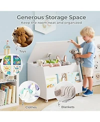 Sugift Wooden Mobile Toy Storage Organizer with Bookshelf and Lockable Wheels