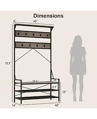 Sugift Coat Rack 4-In-1 Hall Tree with 11 Hanging Hooks Shoe Bench