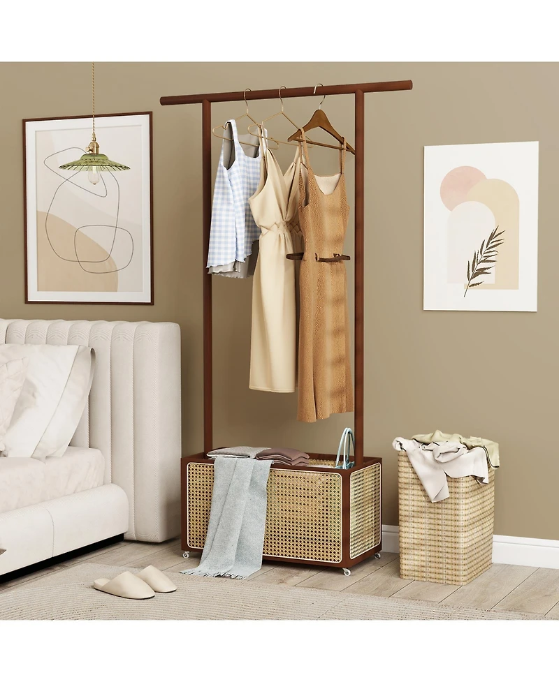 Sugift Bamboo Clothes Rack with Rattan Storage Basket and Wheels
