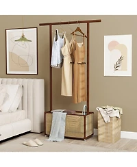 Sugift Bamboo Clothes Rack with Rattan Storage Basket and Wheels