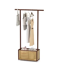 Sugift Bamboo Clothes Rack with Rattan Storage Basket and Wheels