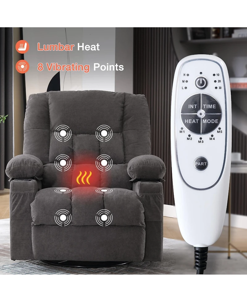 Rainsken Massage Swivel Rocker Recliner Chair with Vibration Massage and Heat, Oversized Single Sofa with 2 Cup Holders, Usb Port for Living Room