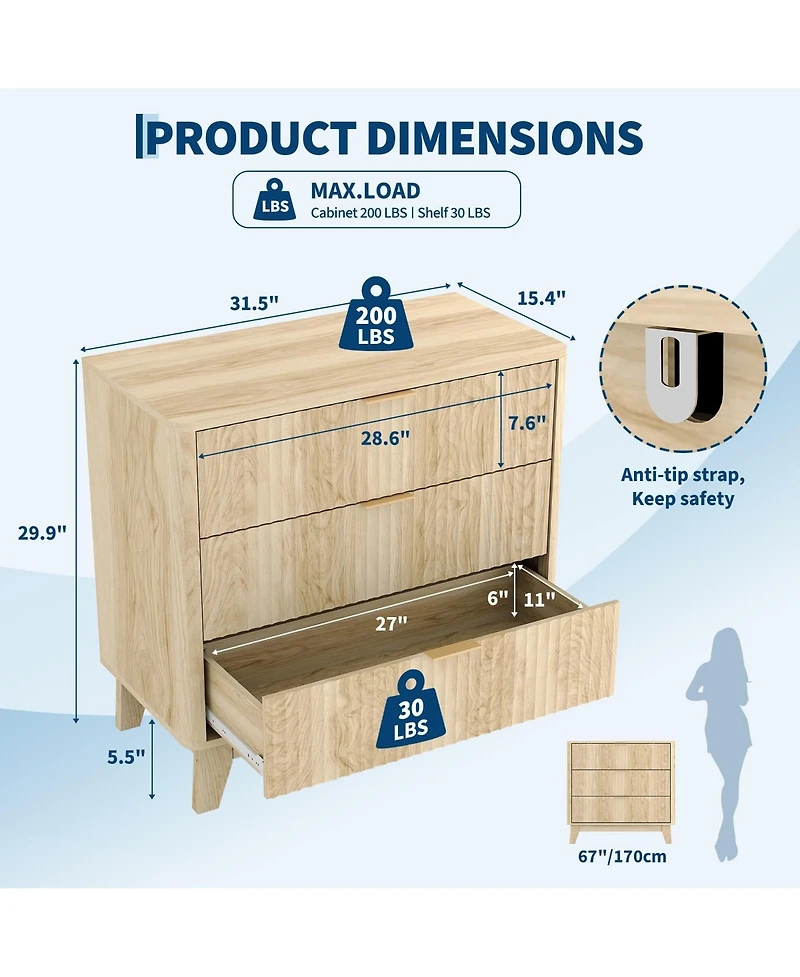 gaomon Bedroom 3-Drawer Nightstand, 31.5 inch Wood Bedside Table with Fluted Front.
