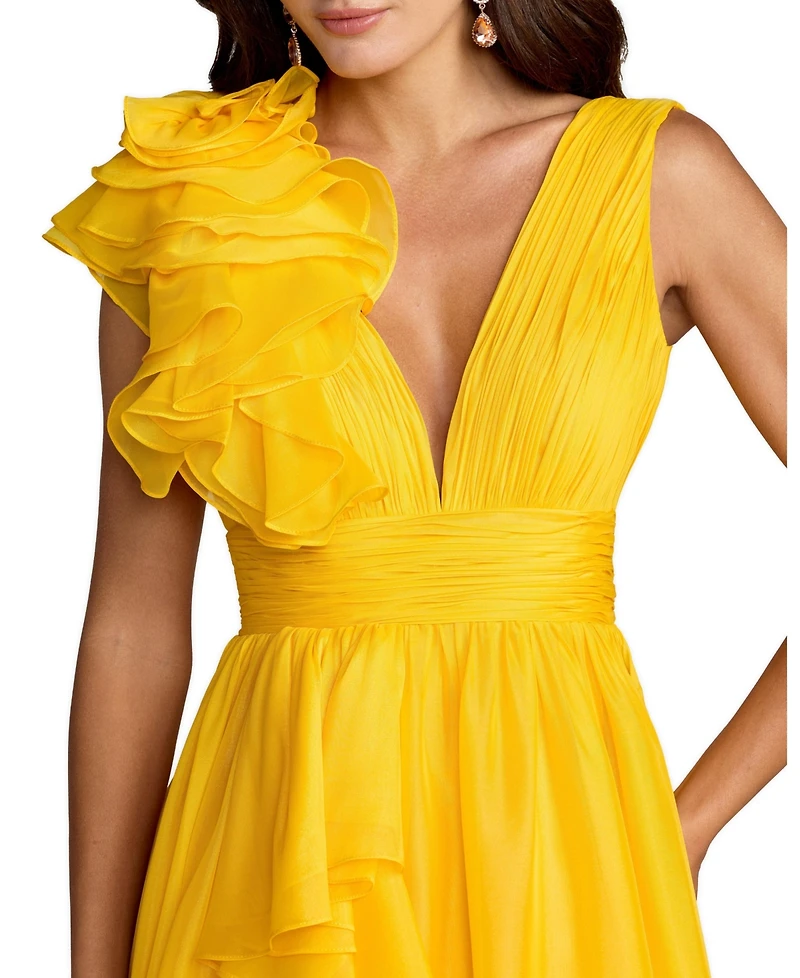 Women's One-Shoulder Ruffle Ball Gown with Plunging V-Neck