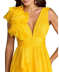 Women's One-Shoulder Ruffle Ball Gown with Plunging V-Neck