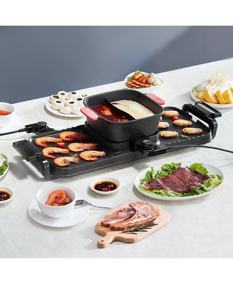 Ecooso 2300W 2-in-1 Electric Hot Pot with Grill, Removable Pot, Dual Temperature Control, Serves 1-6