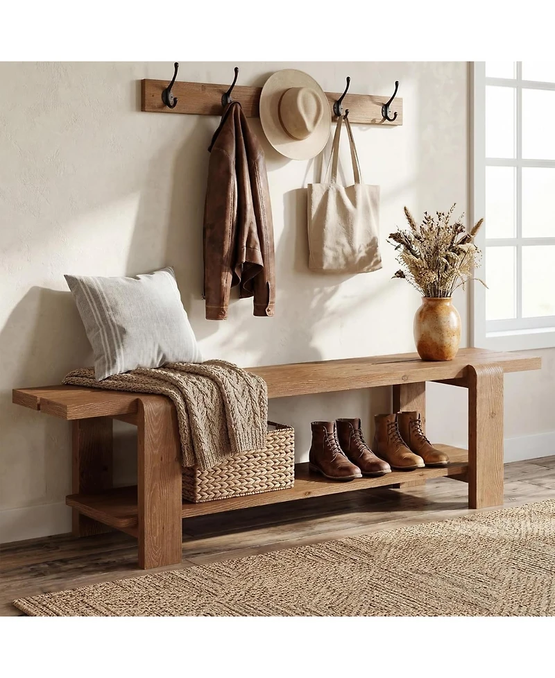Tribesigns Solid Wood Entryway Bench with Shoe Storage Shelf, 63-Inch Long Farmhouse Entry Shoe Bench, End of Bed Bench