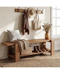 Tribesigns Solid Wood Entryway Bench with Shoe Storage Shelf, 63-Inch Long Farmhouse Entry Shoe Bench, End of Bed Bench