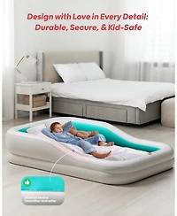 Qpau Inflatable Toddler Travel Bed with 3-Sided Safety Bumpers, Extra Large Kids Air Mattress, Includes Detachable Mattress, Portable