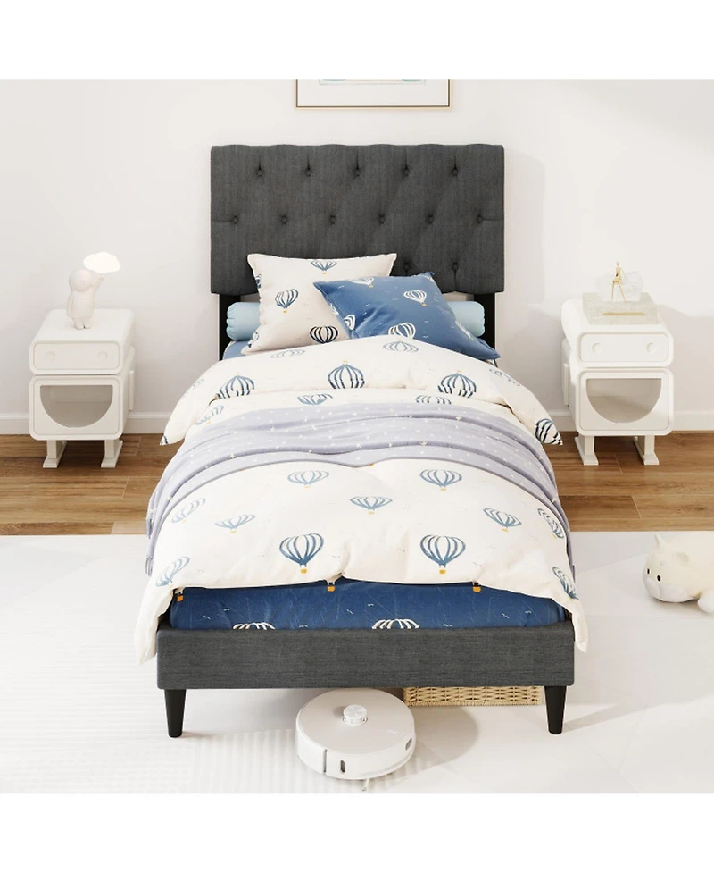 Gouun Twin Linen Upholstered Bed Frame with Tufted Headboard