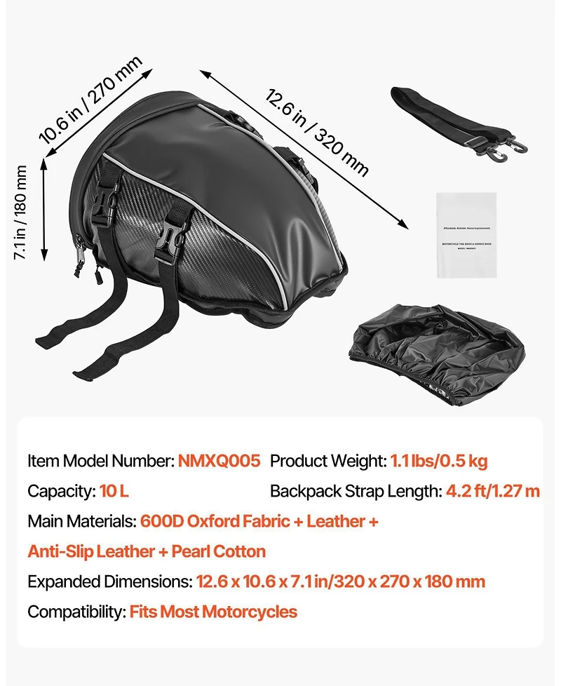 Mecale 10L Motorcycle Tail Bag Waterproof with Rain Cover and Shoulder Strap