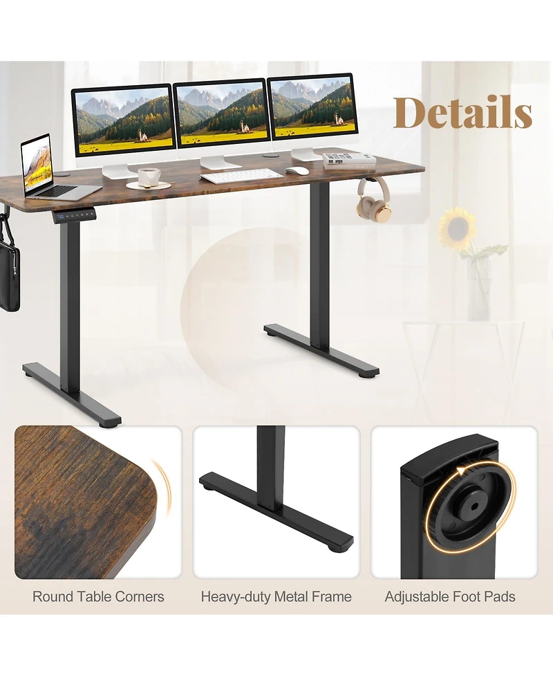 Sugift Electric Standing Desk with 3 Memory Heights and 2 Hanging Hooks and Cable Holes-Rustic