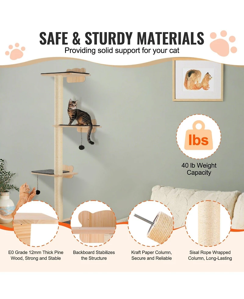Gouun 4-Tier Wall Mounted Cat Shelves with Jumping Boards and Scratching Posts, Pine Wood Cat Climbing Furniture