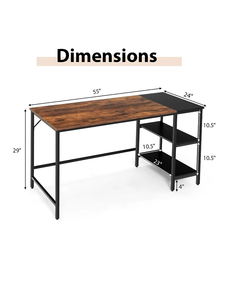 Sugift 55 Inch Modern Industrial Style Study Writing Desk with 2 Storage Shelves