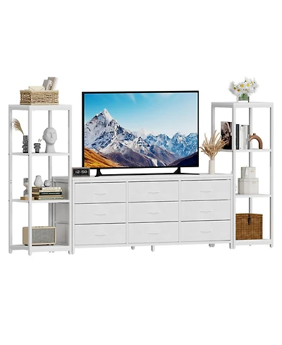 gaomon Tv Stand Dresser for Up to 75" Tv, 9 Fabric Drawers, 2 4-Tier Shelves, Wood Look