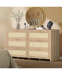 gaomon 56" 6 Drawer Dresser, Rattan Tv Stand with Casters, Boho Storage for Bedroom.
