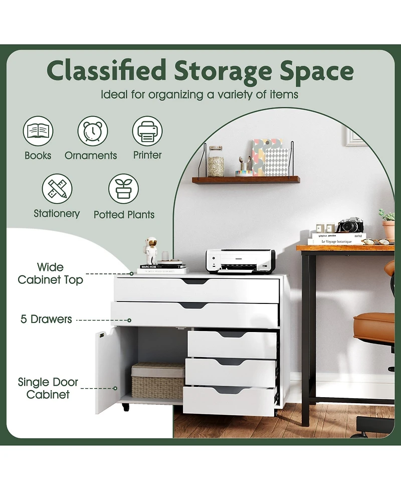 Sugift Modern Vertical 5-Drawer Mobile Chest with Door 5 Casters