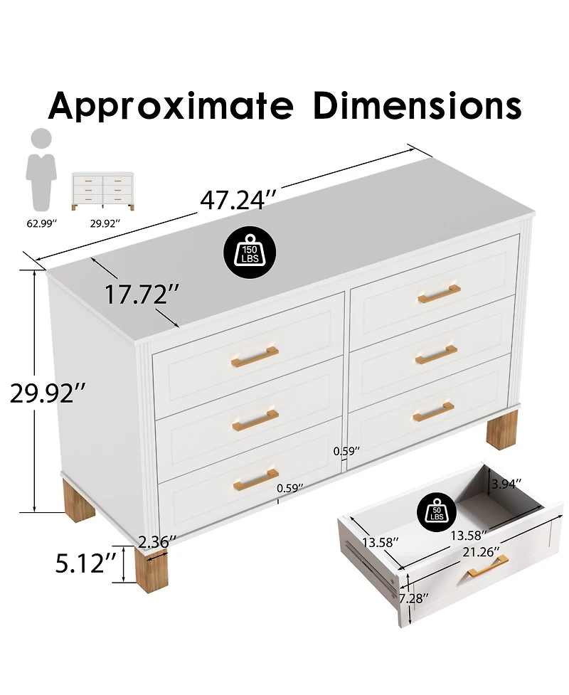 Rainsken Home Storage Chest of Drawers, Modern 6-Drawer Dresser with Metal Handles and Durable Solid Wood Legs for Bedroom