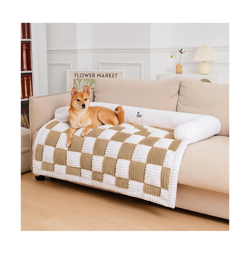 FunnyFuzzy Cream Square Plaid Cozy Dog Mat Furniture Protector Cover