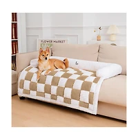 FunnyFuzzy Cream Square Plaid Cozy Dog Mat Furniture Protector Cover
