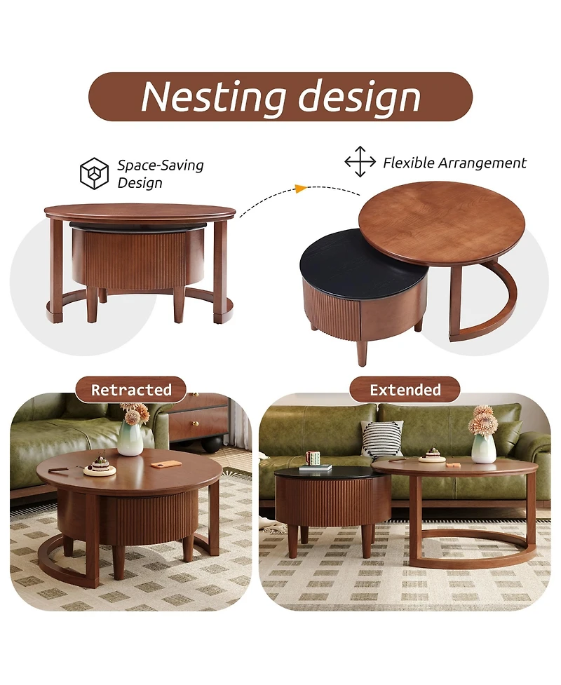 Rainsken Round Nesting Coffee Table Set with Two Tone Wood and Storage Drawer