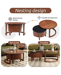Rainsken Round Nesting Coffee Table Set with Two Tone Wood and Storage Drawer