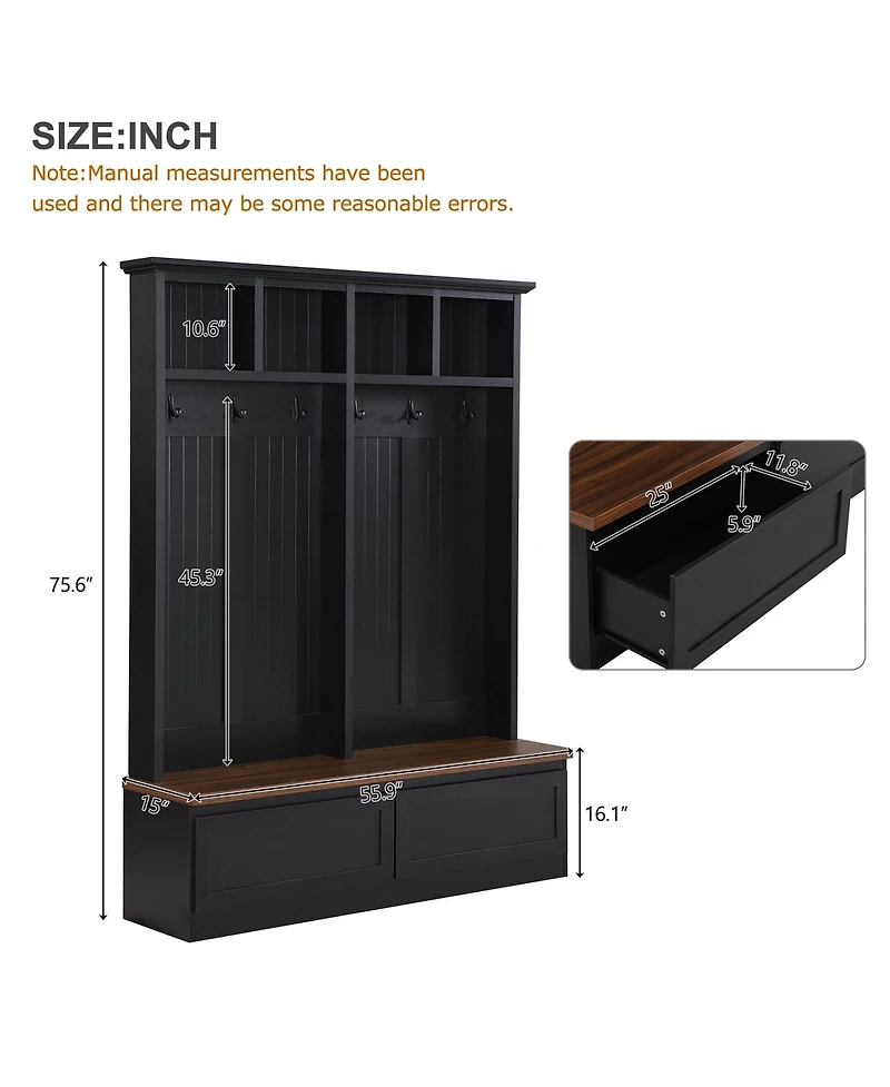 Rainsken Farmhouse Hall Tree, Versatile Coat Rack with Wood Grain Bench, 6 Hooks and 2 Storage Drawers, Entrance Organizer for Hallway, Living Room
