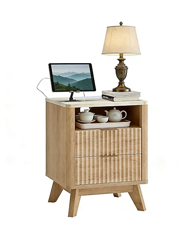 gaomon 18" Small Nightstand for Bedroom, 2 Drawer Bedside Table, Faux Marble Top, Curved Oak Finish