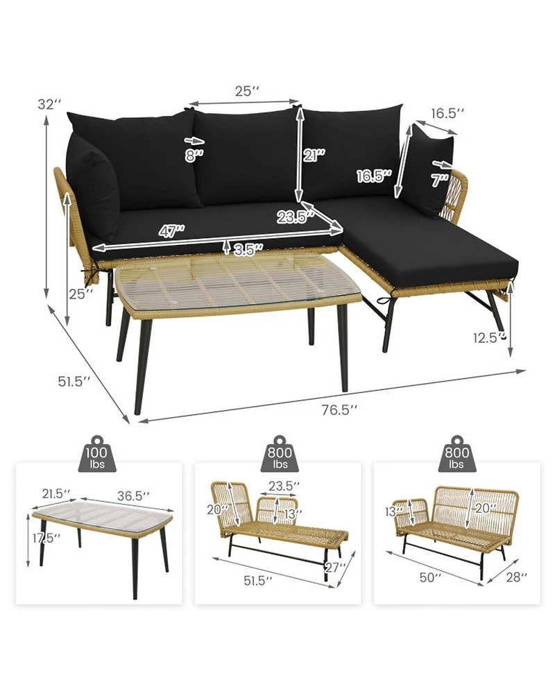 Gouun 3-Piece L-Shaped Pe Rattan Patio Sofa Set with Cushions and Glass Coffee Table