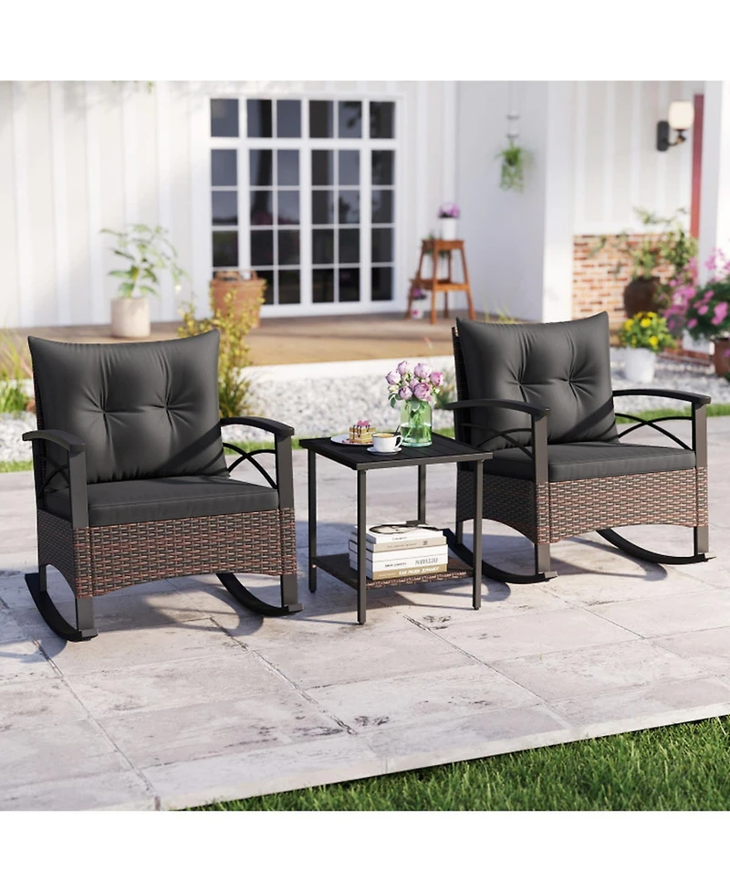 Gouun 3-Piece Rocking Patio Bistro Set Pe Rattan Chairs with Wood-Top Side Table