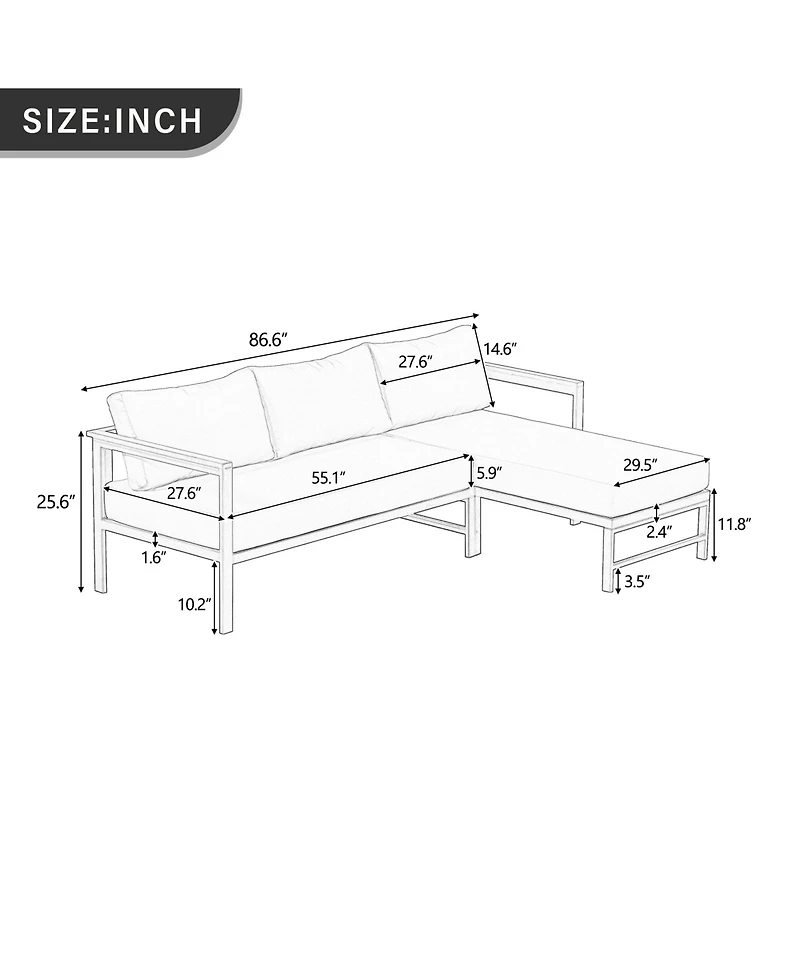 Rainsken Outdoor L-Shaped Sofa, All-Weather 3- Seater Couch with Iron Frame and Ultra-Thick Cushions for Patio, Balcony and Garden