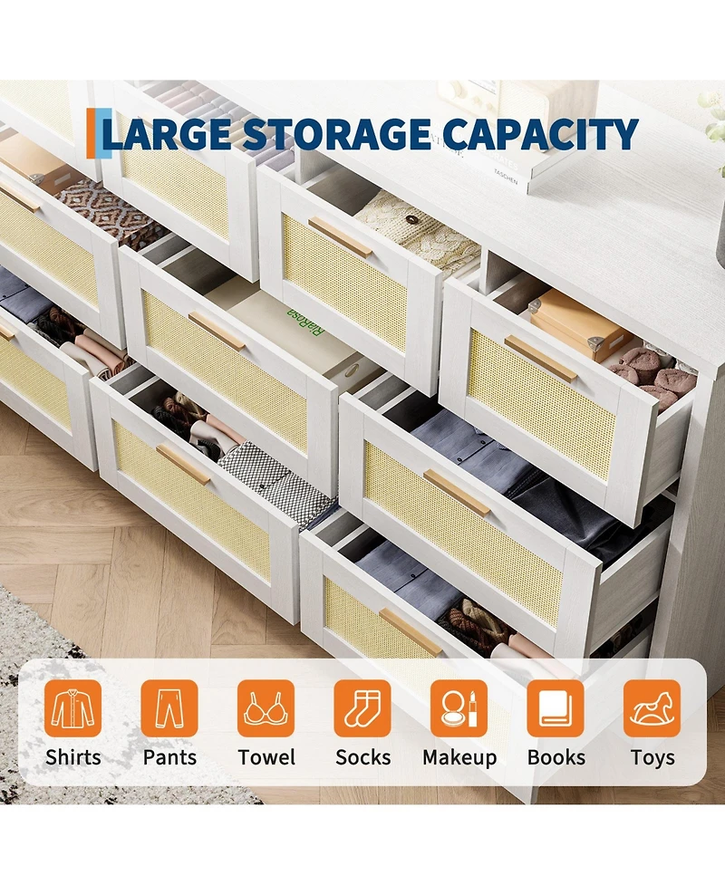 gaomon Modern Farmhouse 10 Drawer Rattan Dresser Storage Chest with Metal Handles.
