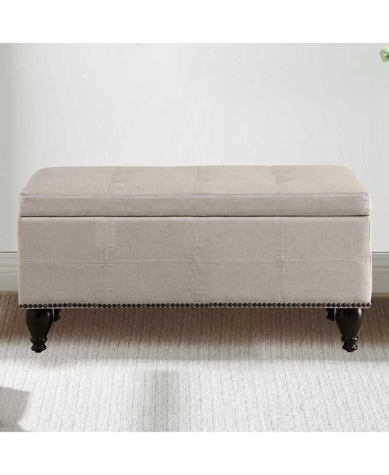 Boyel Living Linen Nailhead Accent Stool with Dark Wooden Legs, Versatile Shoe Bench and Seating