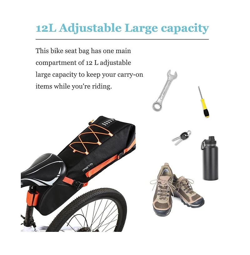 Hikeen Large Capacity Bike Seat Bag 12L Bicycle Saddle Bag Under Seat Storage with Reflective Strip for Commuting Touring Road Mountain Cycling
