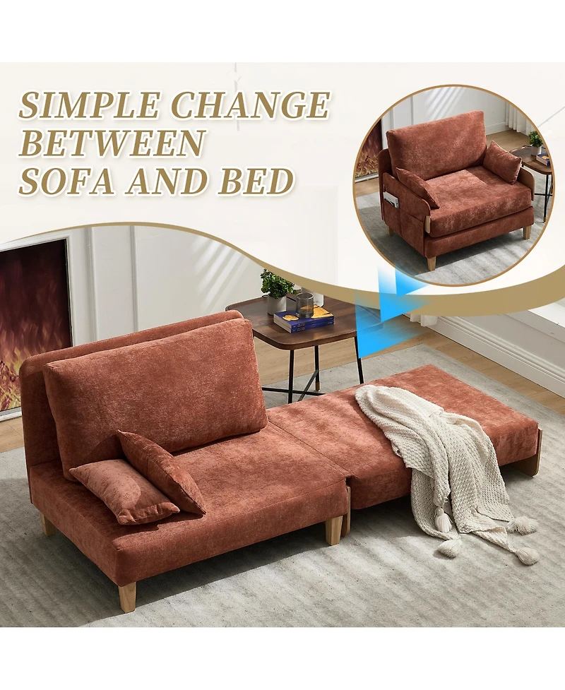 Rainsken Chenille Convertible Sleeper Sofa Bed with 3 Pillows and Side Pocket, Modern Lounge Recliner for Living Room