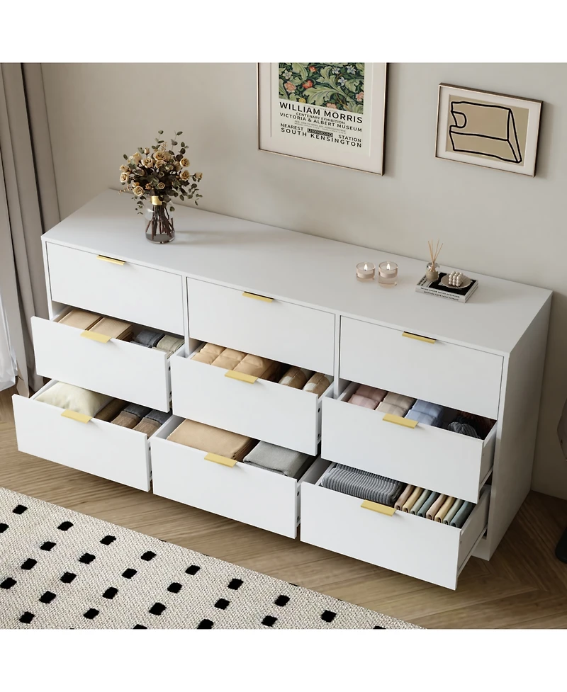 Rainsken 9 Drawer Dresser for Bedroom, 63" Large Deep Chest of Drawers, with Metal Handle, Bedroom Living Room