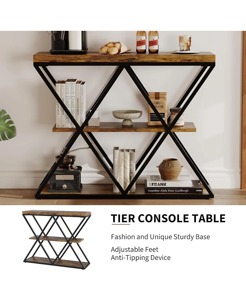 gaomon 39" Narrow Entryway Console Table, 3-Tier Industrial Sofa Table with Storage Shelf & X Metal Frame,