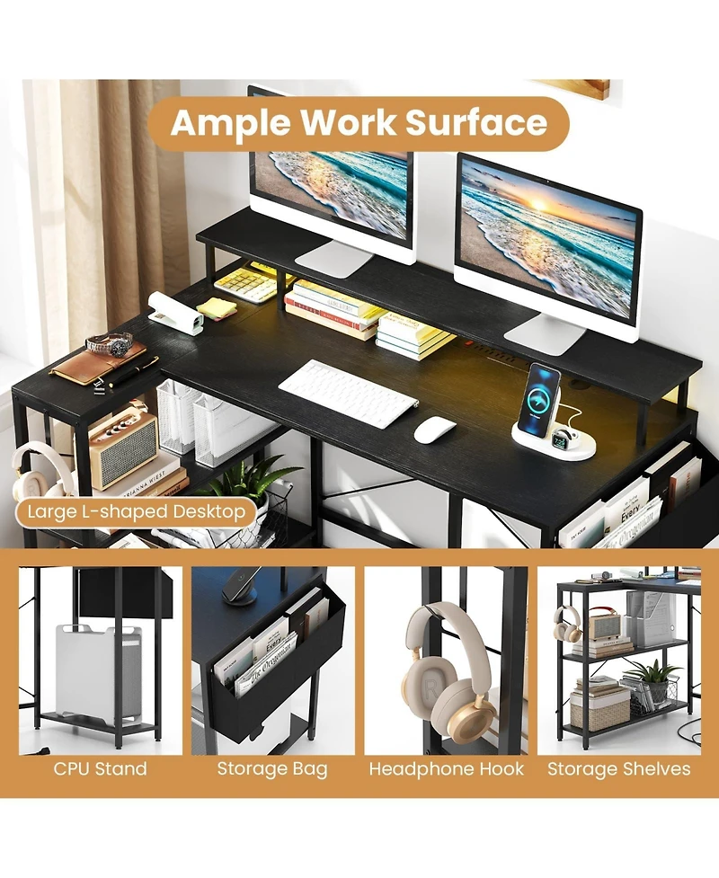 Mecale L-Shaped Gaming Desk with Led Lights and Built-In Power Outlets, Corner Workstation