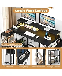 Mecale L-Shaped Gaming Desk with Led Lights and Built-In Power Outlets, Corner Workstation