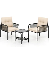 Gouun 3-Piece Pe Wicker Patio Bistro Set with Cushions and Glass Coffee Table