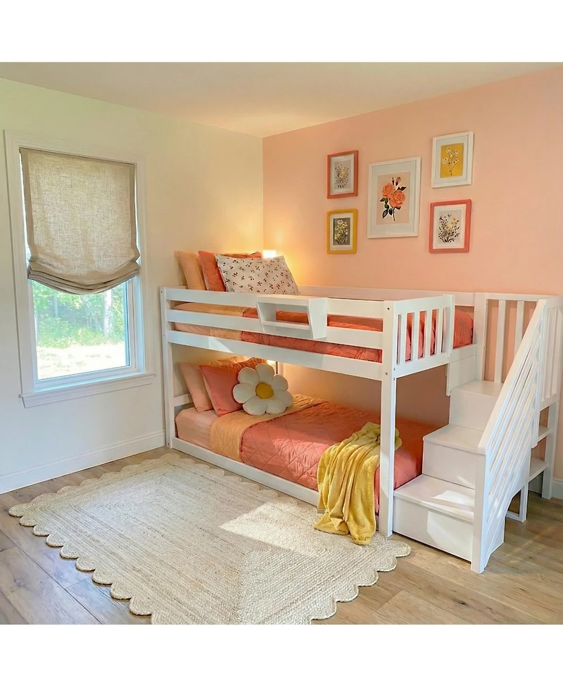 Max & Lily Solid Wood Twin over Twin Low Bunk Bed for Kids with Staircase