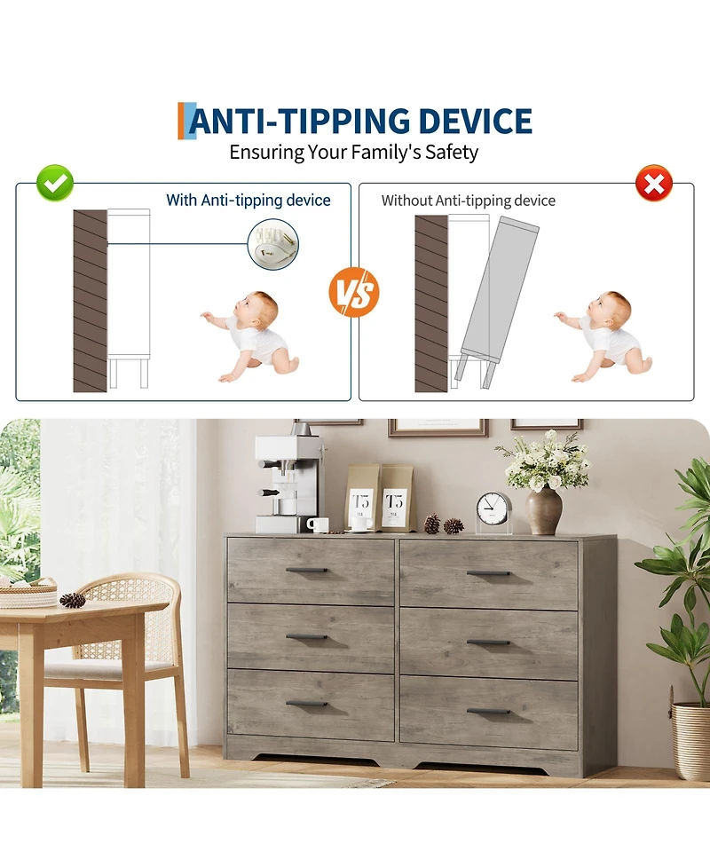 gaomon Bedroom 6 Drawer Double Dresser, Wood Look Chest of Drawers with Deep Storage, Anti-Tip Design, Metal Handles