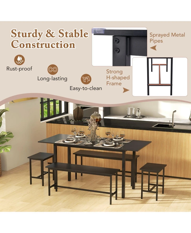 Gouun 5-Piece Expandable Dining Table Set with Benches and Stools, Seats 4 to 6